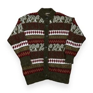 Vintage 1990s Green Mohair Fair Isle Geometric Print Cardigan Sweater